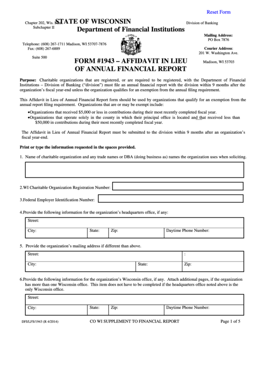 Fillable Form 1943 - Affidavit In Lieu Of Annual Financial Report Printable pdf