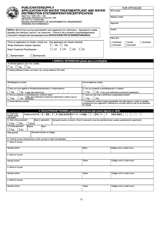 Fillable State Form 12094-Application For Water Treatment Plant And Water Distribution System Operator Certification-Indiana Department Of Environmental Management Drinking Water Branch Printable pdf