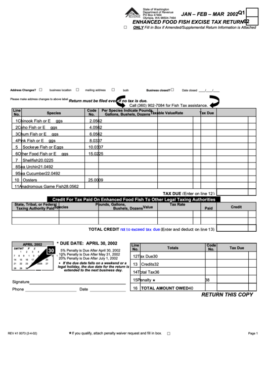 Enhanced Food Fish Excise Tax Return Form - 2002 Printable pdf