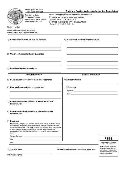 Fillable Form Cr172-Trade And Service Marks-Assignment Or Cancellation Printable pdf