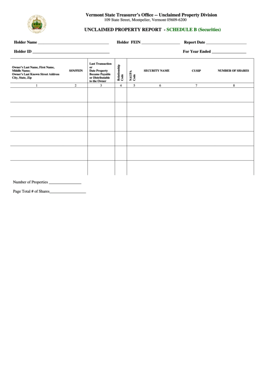 Schedule B - Unclaimed Property Report - Vermont Unclaimed Property Division Printable pdf