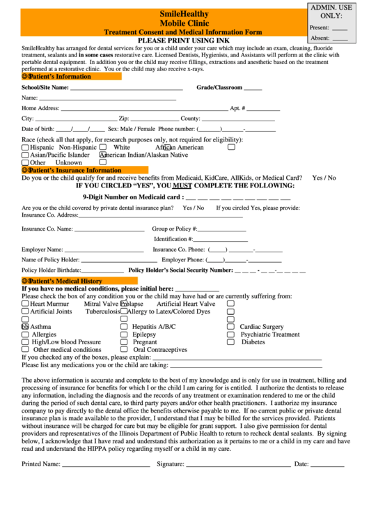 Treatment Consent And Medical Information Form Printable pdf