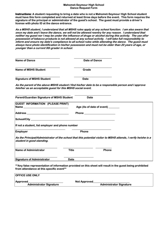 High School Dance Guest Form Printable pdf