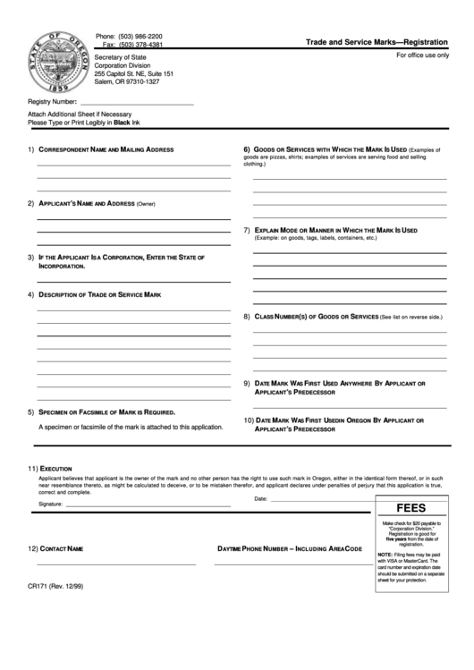 Fillable Form Cr171-Trade And Service Marks-Registration Printable pdf