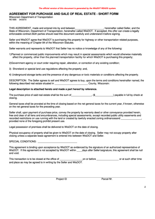 Form Re1895 - Agreement For Purchase And Sale Of Real Estate - Short Form