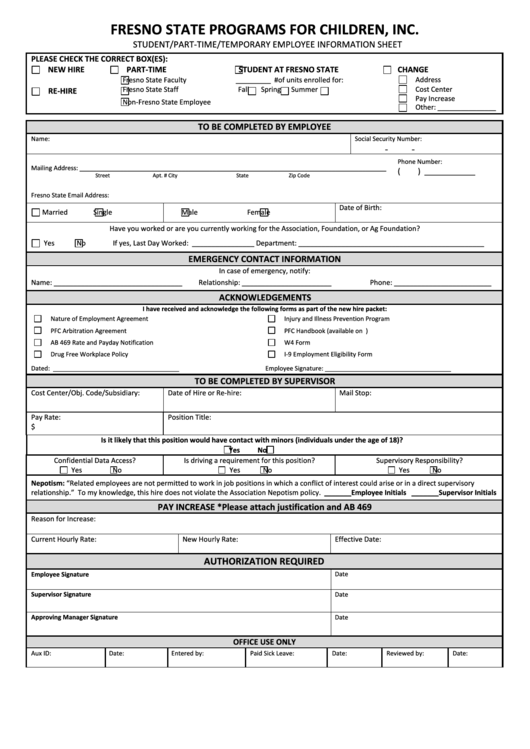 Student/part-Time/temporary Employee Information Sheet Printable pdf