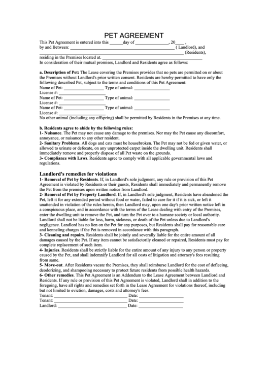 Pet Agreement Form printable pdf download