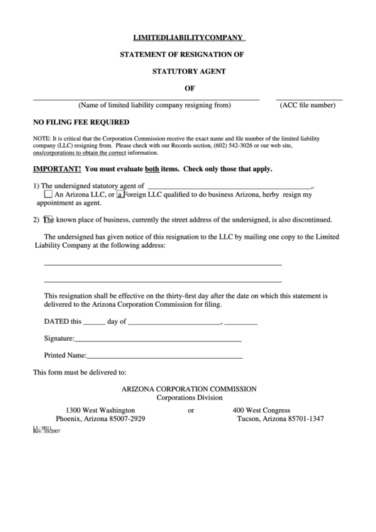 Form Ll: 0011 - Limited Liability Company Statement Of Resignation Of Statutory Agent Printable pdf
