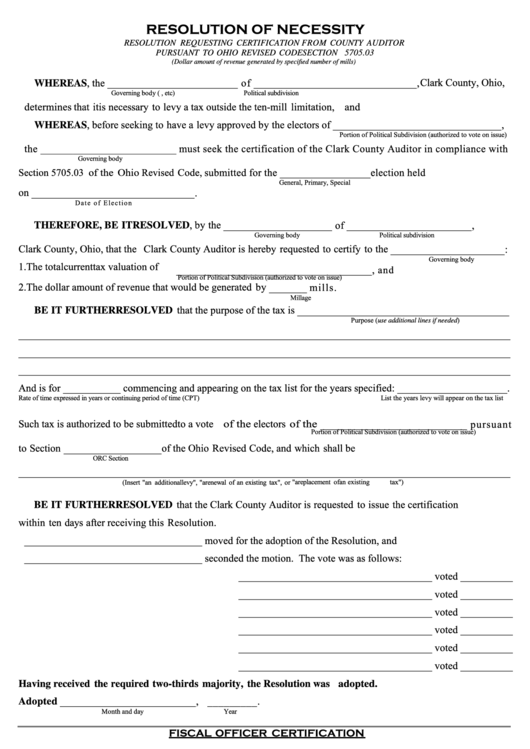 Fillable Resolution Of Necessity Form - Clark County, Ohio Printable pdf