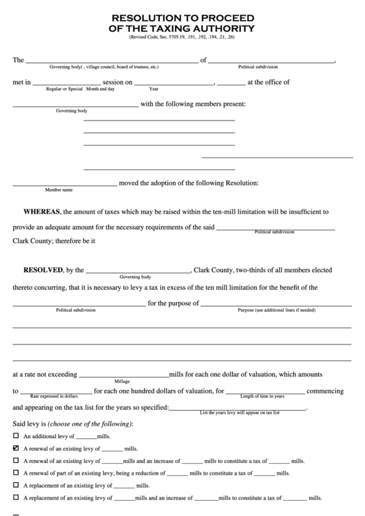 Fillable Resolution To Proceed Of The Taxing Authority Form - Clark County, Ohio Printable pdf