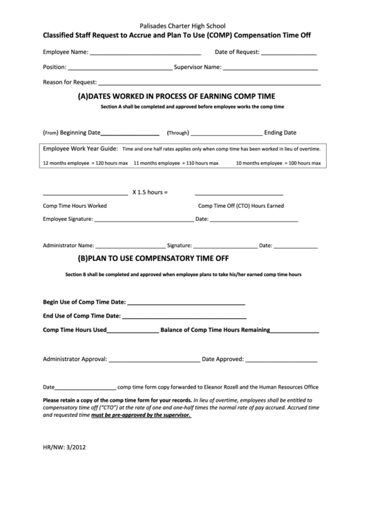 Classified Staff Request To Accure And Plan To Use (Comp) Compensation Time Off Form Printable pdf