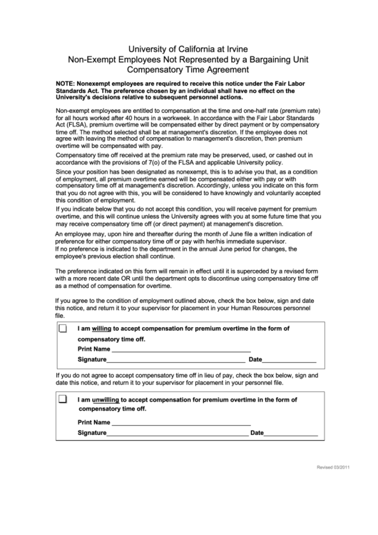 Compensatory Time Agreement Form Printable pdf