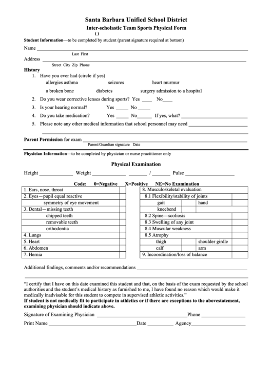 Inter-Scholastic Team Sports Physical Form Printable pdf