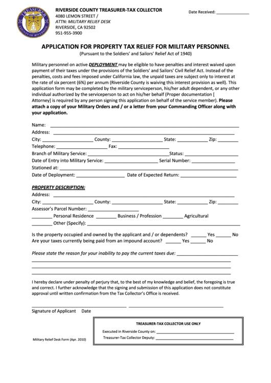 Fillable Application For Property Tax Relief For Military Personnel Printable pdf