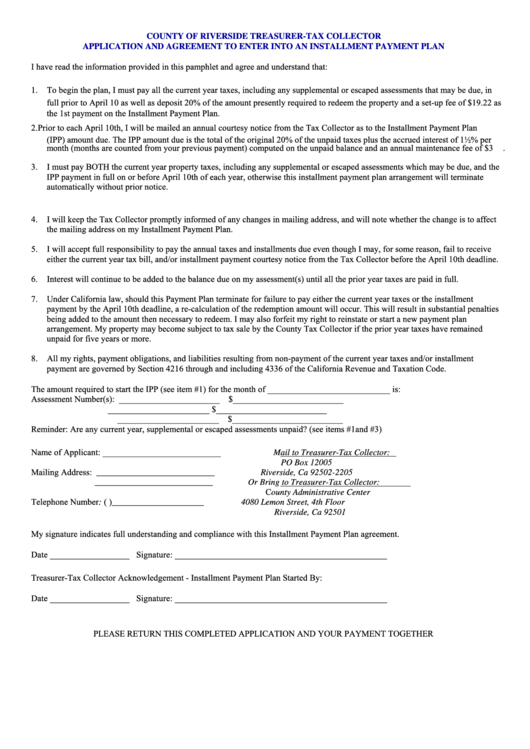 Fillable Application And Agreement To Enter Into An Installment Payment Plan Form Printable pdf