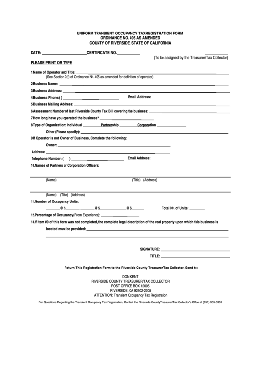 Fillable Uniform Transient Occupancy Tax Registration Form Printable pdf