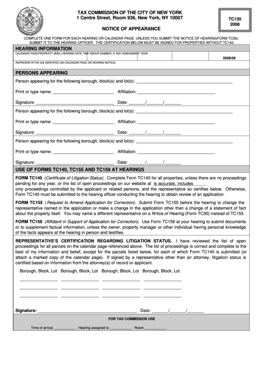Form Tc135 - Notice Of Appearance - 2008 Printable pdf
