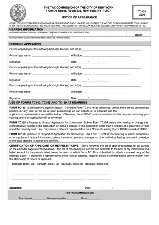 Form Tc135 - Notice Of Appearance - 2006 Printable pdf