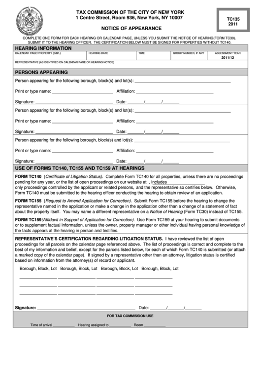 Form Tc135 - Notice Of Appearance - 2011 Printable pdf