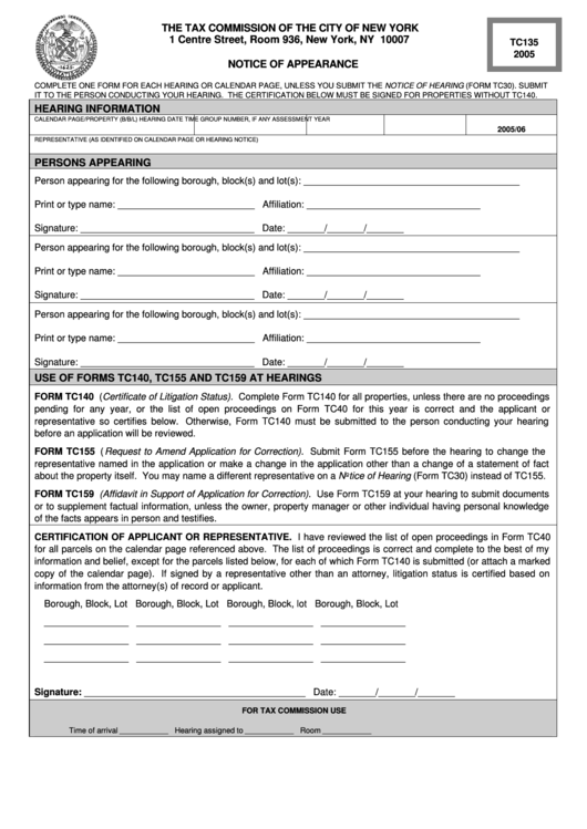 Form Tc135 - Notice Of Appearance - 2005 Printable pdf