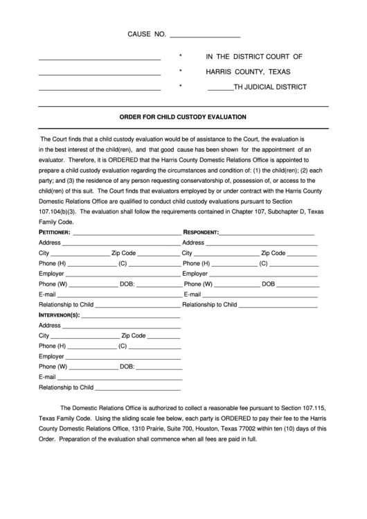 Fillable Order For Child Custody Evaluation Form Printable pdf