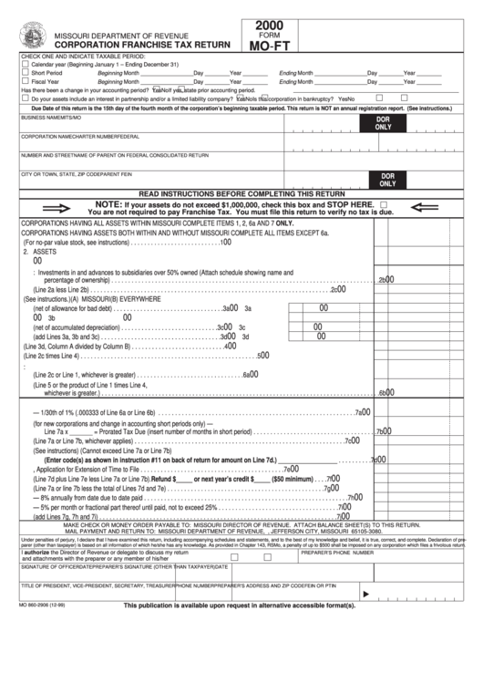 Form Mo 860-2906 - Corporation Franchise Tax Return - 2000 Printable pdf