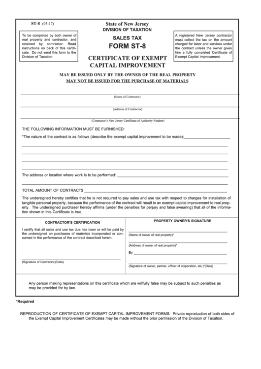 Form St-8 - Certificate Of Exempt Capital Improvement Printable pdf