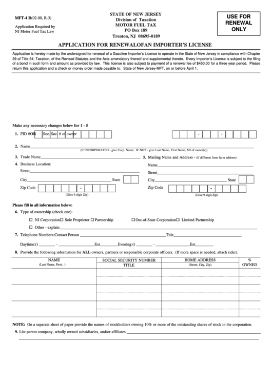 Fillable Form Mft-4 R - Application For Renewal Of An Importer