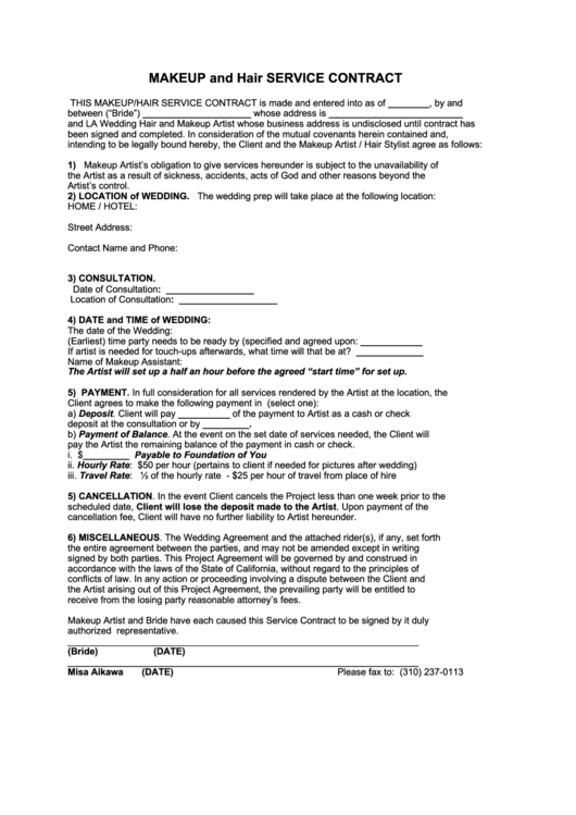 Makeup And Hair Service Contract Form Printable pdf