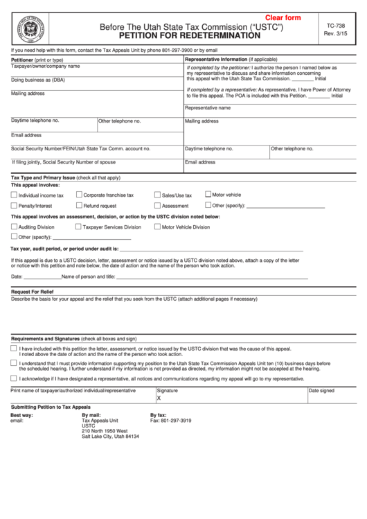 Fillable Form Tc-738-Petition For Redetermination Printable pdf