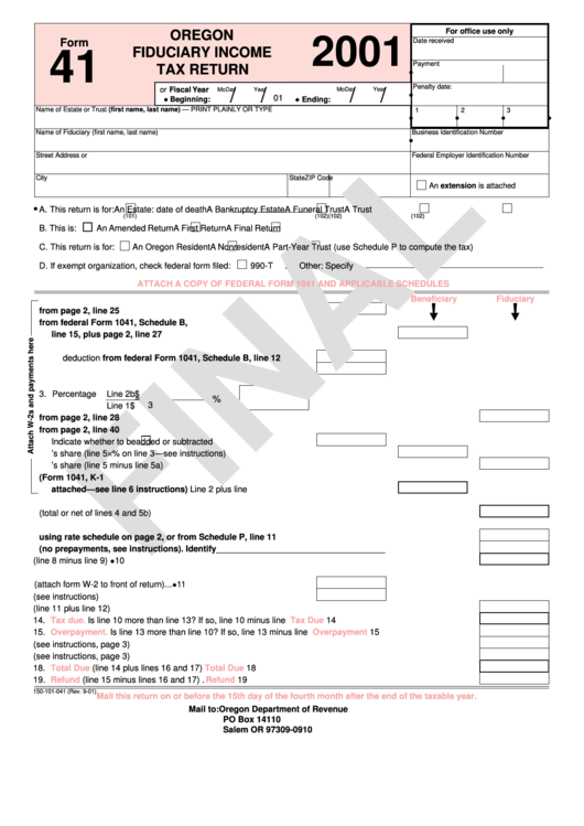 Form 41-2001-Oregon Fiduciary Income Tax Return Printable pdf