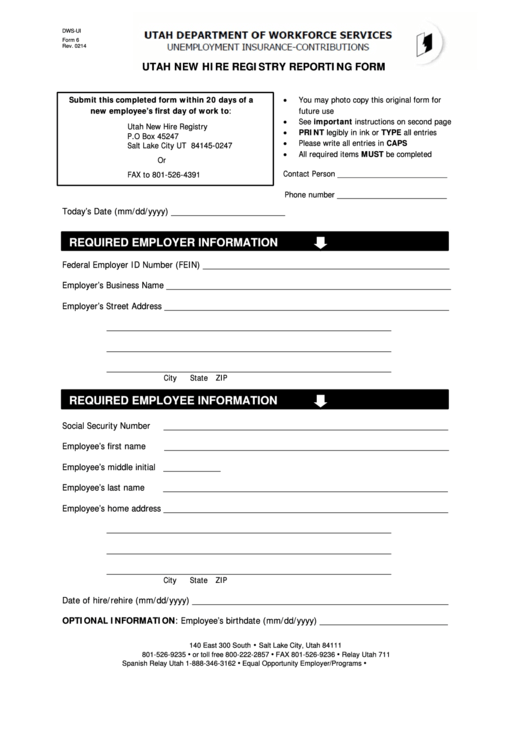 Fillable Dws-Ui Form 6 - Utah New Hire Registry Reporting Printable pdf