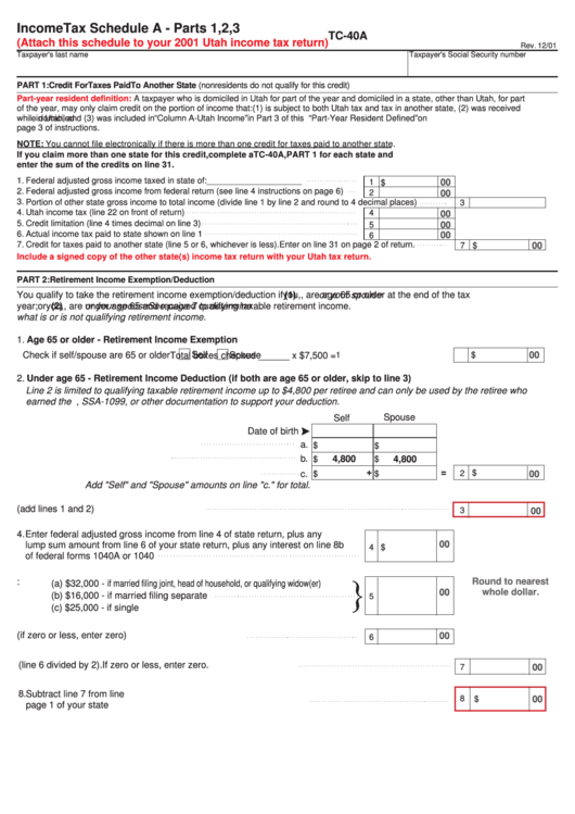 Form Tc-40a - Income Tax Schedule A - Parts 1, 2, 3 Printable pdf