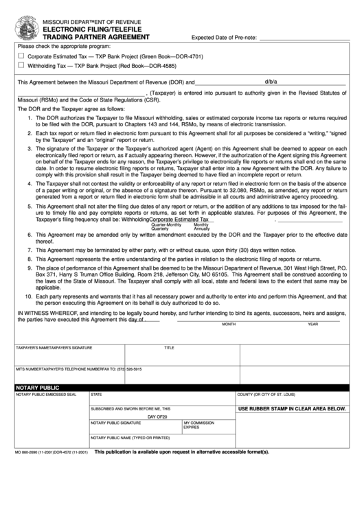 Form Mo 860-2690-Electronic Filing/telefile Trading Partner Agreement Printable pdf