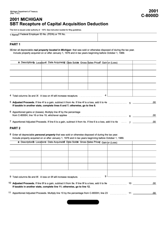 Form C-8000d - Michigan Sbt Recapture Of Capital Acquisition Deduction - 2001 Printable pdf