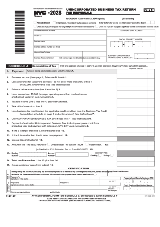 Form Nyc 202s - Unincorporated Business Tax Return For Individuals - 2014 Printable pdf