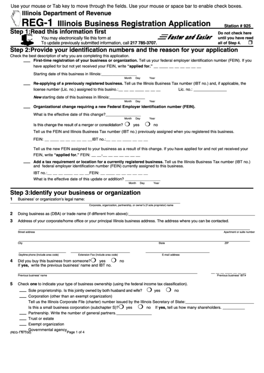 Fillable Form Reg-1 - Illinois Business Registration Application Printable pdf
