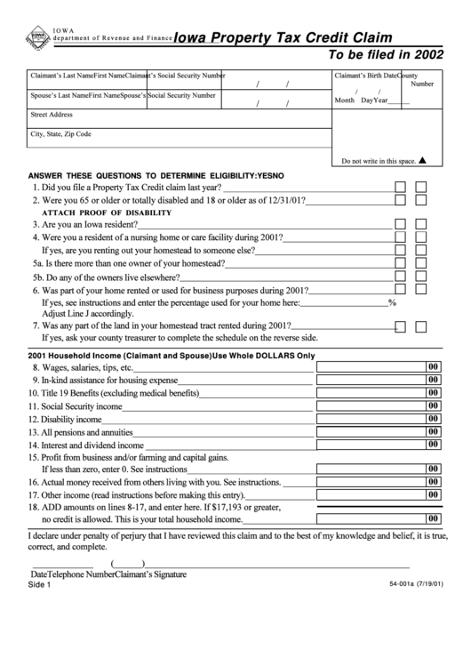 Form 54-001 - Iowa Property Tax Credit Claim - 2002 Printable pdf