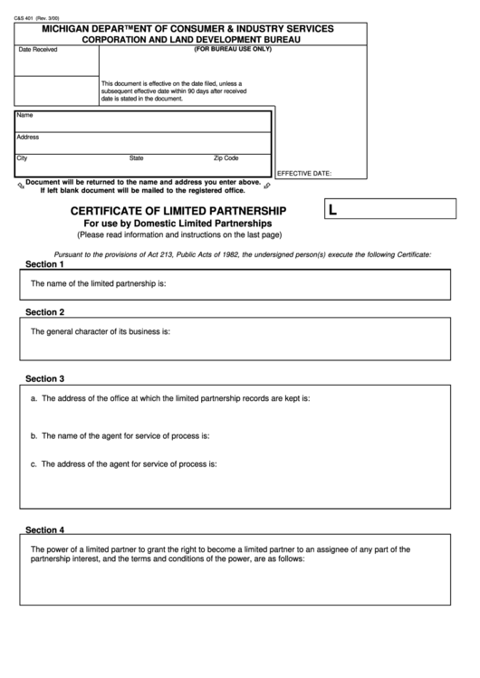 Fillable Form C&s 401 - Certificate Of Limited Partnership - 2000 Printable pdf