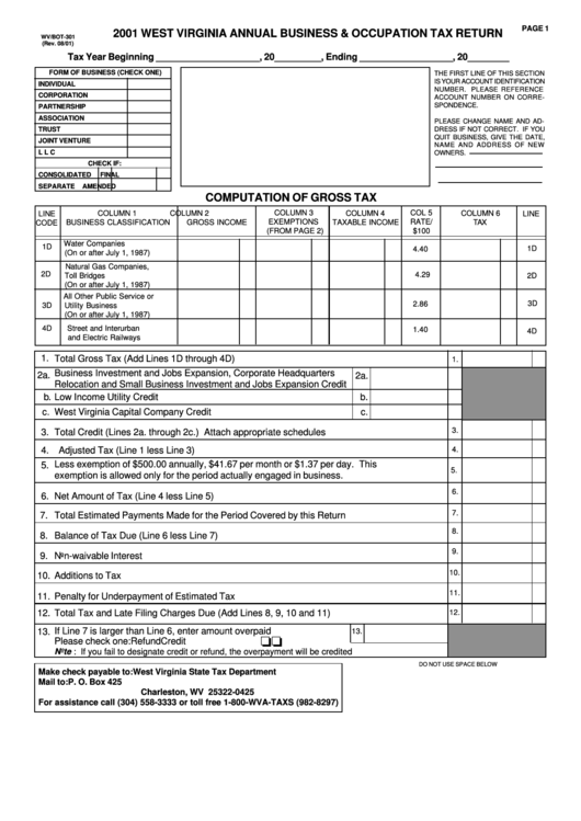 Form Wv/bot-301 - West Virginia Annual Business-Occupation Tax Return - 2001 Printable pdf