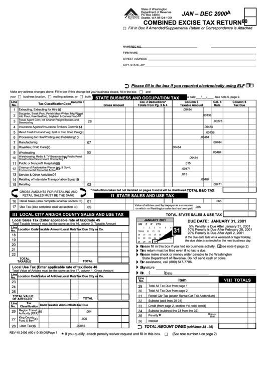 Combined Excise Tax Return Form - Jan - Dec 2000 Printable pdf