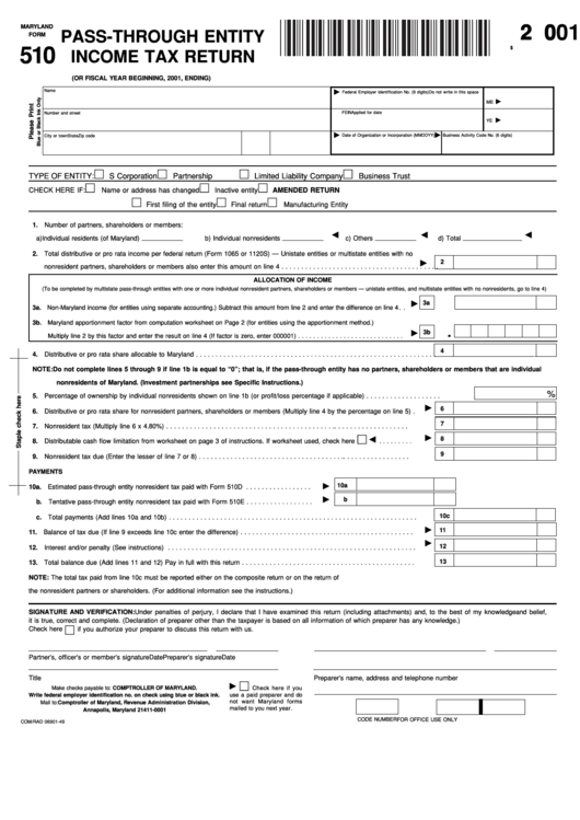 Fillable Form 510 - Pass-Through Entity Income Tax Return - 2001 Printable pdf