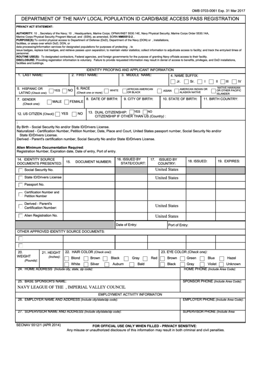 Fillable Form Secnav 5512 1 Department Of The Navy Local Population 