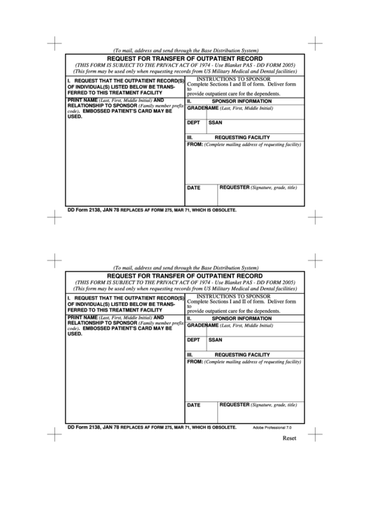 Fillable Dd Form 2138 - Request For Transfer Of Outpatient Record Printable pdf