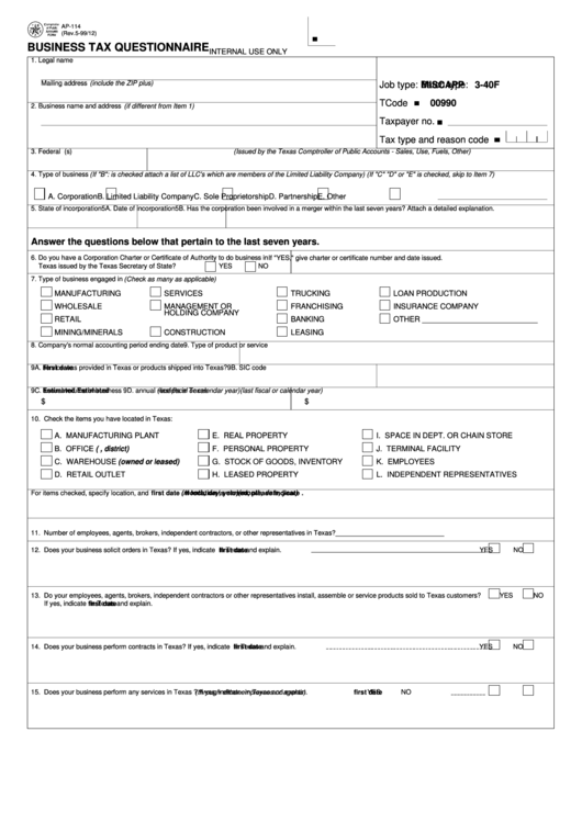 Fillable Form Ap-114-Business Tax Questionnaire Printable pdf