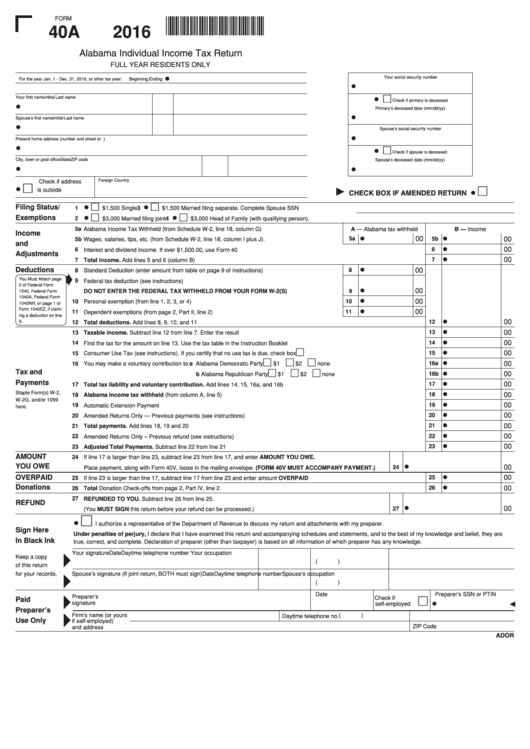 Form 40a - Alabama Department Of Revenue - Individual Income Tax Return - 2016 Printable pdf