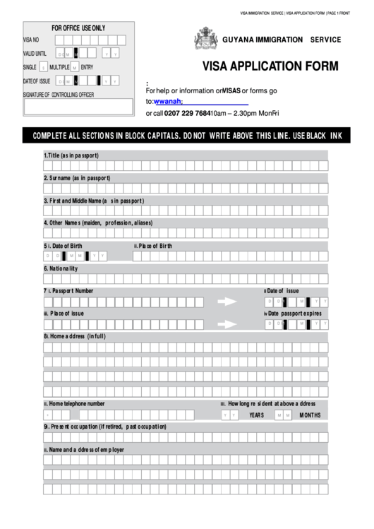 Visa Application Form - Guyana Printable pdf
