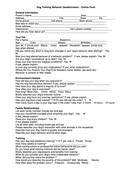 Dog Training Behavior Questionnaire Form Printable pdf
