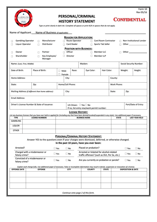 Fillable Form 10 - Personal/criminal Historystatement Printable pdf