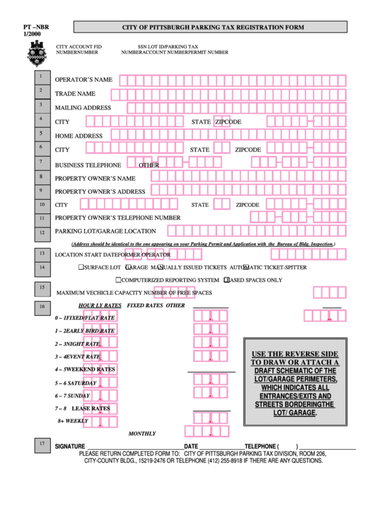 Form Pt-Nbr 1/2000-City Of Pittsburgh Parking Tax Registration Form Printable pdf